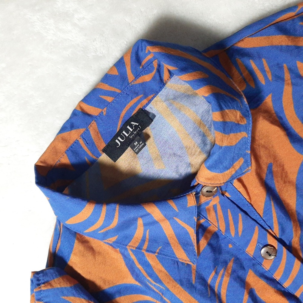 Julia by Love J Womens Blue Orange Tropical Leaf Rayon Button Up Shirt Medium